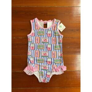 Shrimp & Grits Kids Sardine Print One Piece Swimsuit Bow Ruffle Medium